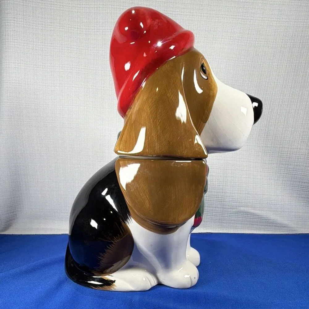 Pioneer Ceramic/Porcelain Dog Cookie Jar w/ Lid Christmas Red Hat Scarf